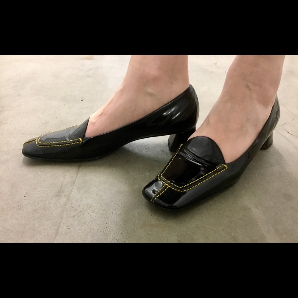 Vintage Prada black patent heels Venice stitch 90s